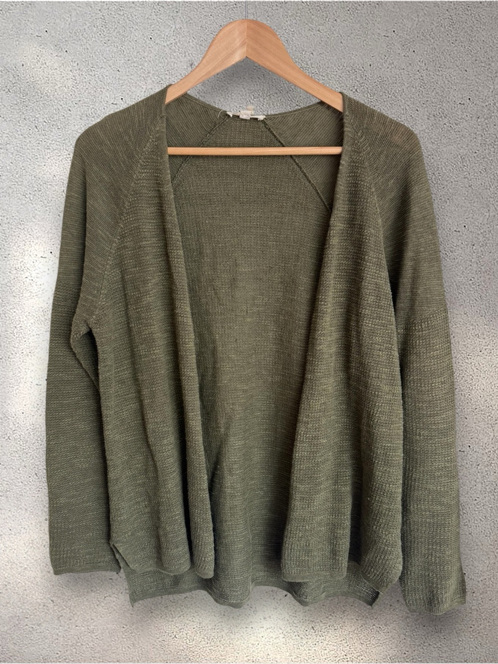 Eileen Fisher Olive Open-Front Knit Cardigan. Organic Linen / Cotton Blend